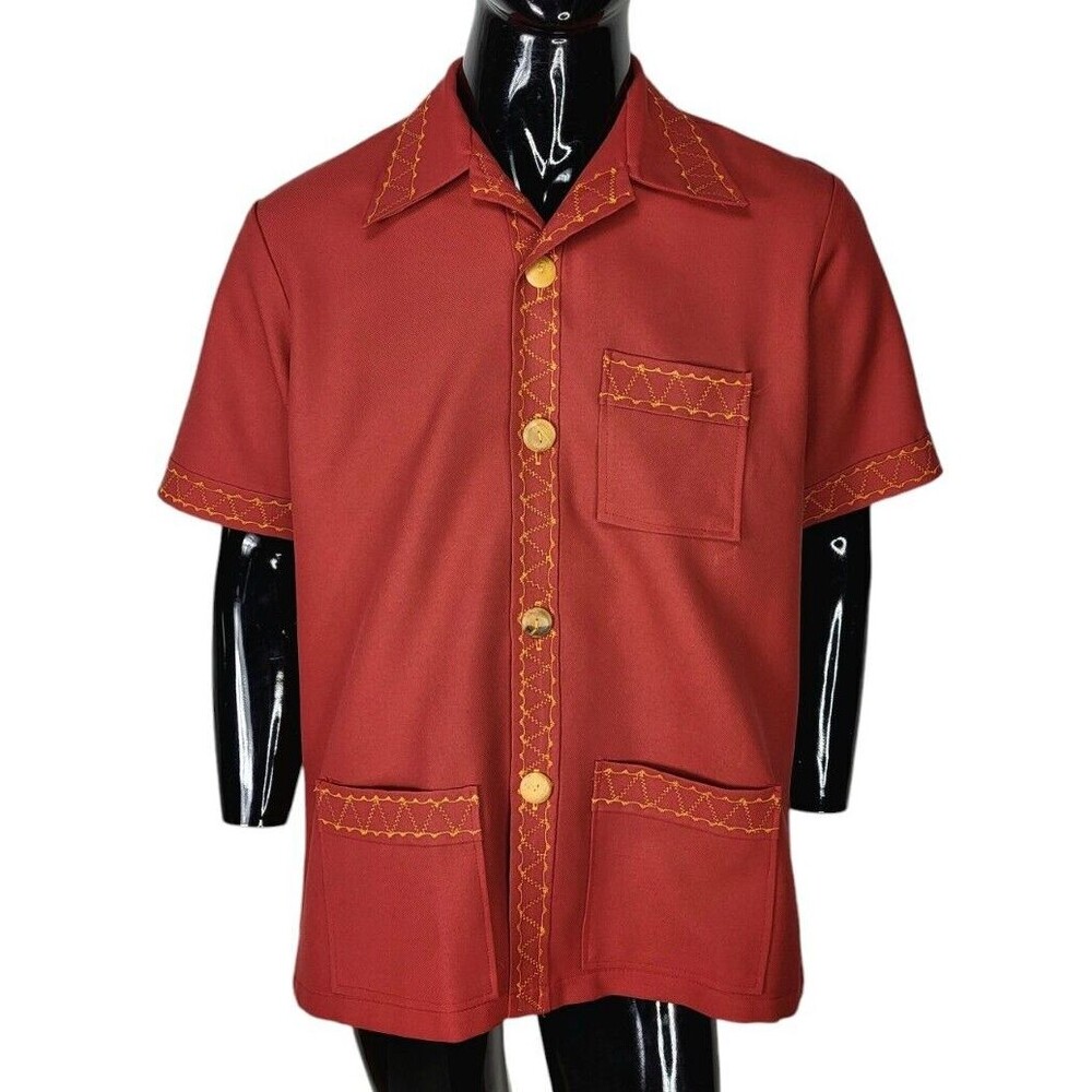 Vintage MCM Wood Buttons Radio Wave Stitch Men's Tiki Rockabilly Camp Shirt L/XL